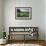 Wooden bench looking over green field countryside of High Weald on summer evening, Burwash-Stuart Black-Framed Photographic Print displayed on a wall