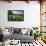 Wooden bench looking over green field countryside of High Weald on summer evening, Burwash-Stuart Black-Framed Photographic Print displayed on a wall