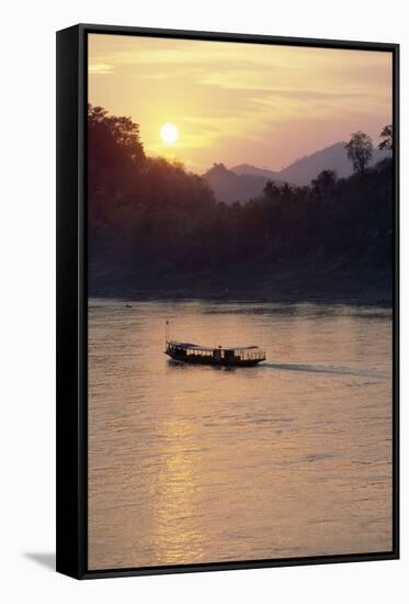 Wooden Boat on Mekong River at Sunset-Paul Souders-Framed Stretched Canvas