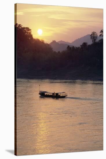 Wooden Boat on Mekong River at Sunset-Paul Souders-Stretched Canvas