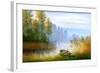 Wooden Boat On The Bank Of Lake On A Decline-balaikin2009-Framed Art Print