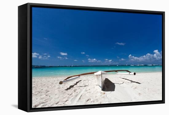 Wooden Boat on Tropical Beach with White Sand-pashapixel-Framed Stretched Canvas