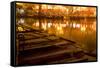 Wooden Boats on Houhai Lake with Lights of Bars and Restaurants in Background, Beijing, China-William Perry-Framed Stretched Canvas