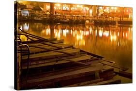 Wooden Boats on Houhai Lake with Lights of Bars and Restaurants in Background, Beijing, China-William Perry-Stretched Canvas