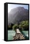 Wooden bridge over a river in the remote and spectacular Fann Mountains, Tajikistan-David Pickford-Framed Stretched Canvas