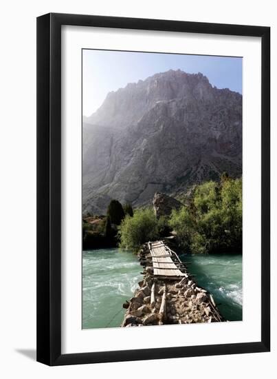 Wooden bridge over a river in the remote and spectacular Fann Mountains, Tajikistan-David Pickford-Framed Premium Photographic Print