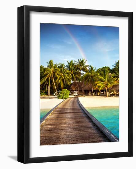 Wooden Bridge to Island Beach Resort, Beautiful Colorful Rainbow over Fresh Green Palm Trees, Luxur-Anna Omelchenko-Framed Photographic Print