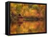 Wooden Cabin on Lake in Autumn-Robert Llewellyn-Framed Stretched Canvas
