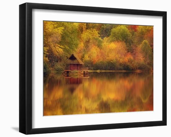 Wooden Cabin on Lake in Autumn-Robert Llewellyn-Framed Premium Photographic Print