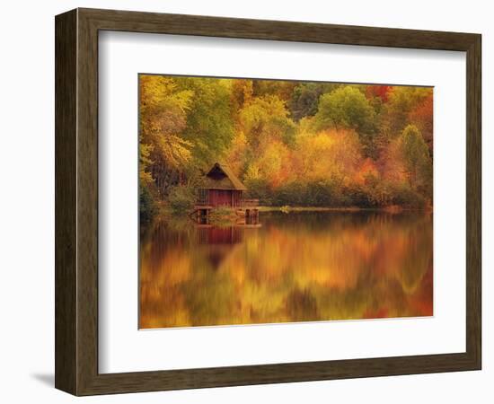 Wooden Cabin on Lake in Autumn-Robert Llewellyn-Framed Photographic Print