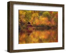 Wooden Cabin on Lake in Autumn-Robert Llewellyn-Framed Photographic Print