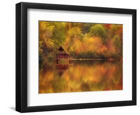 Wooden Cabin on Lake in Autumn-Robert Llewellyn-Framed Photographic Print