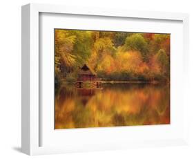 Wooden Cabin on Lake in Autumn-Robert Llewellyn-Framed Photographic Print