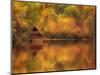 Wooden Cabin on Lake in Autumn-Robert Llewellyn-Mounted Photographic Print