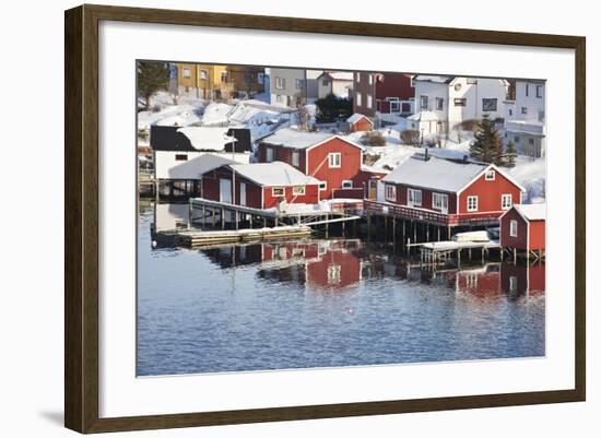 Wooden Cabins at the Waters Edge in the Town of Raine in the Lofoten Islands, Arctic, Norway-David Clapp-Framed Photographic Print