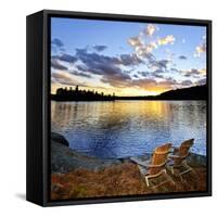 Wooden Chair on Beach of Relaxing Lake at Sunset in Algonquin Park, Canada-elenathewise-Framed Stretched Canvas