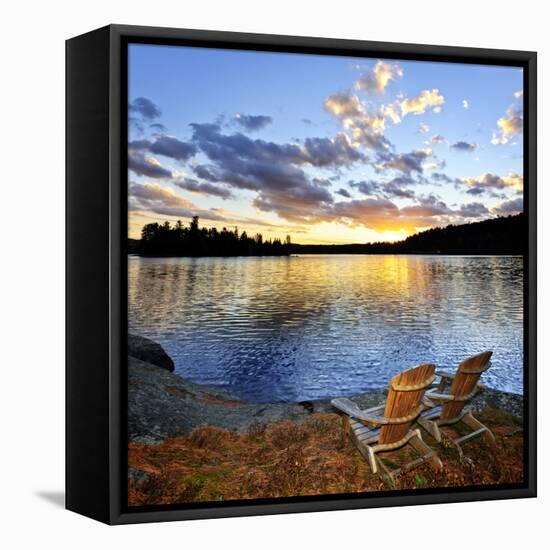 Wooden Chair on Beach of Relaxing Lake at Sunset in Algonquin Park, Canada-elenathewise-Framed Stretched Canvas