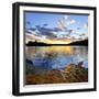 Wooden Chair on Beach of Relaxing Lake at Sunset in Algonquin Park, Canada-elenathewise-Framed Photographic Print