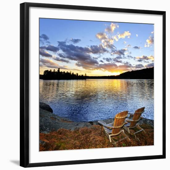 Wooden Chair on Beach of Relaxing Lake at Sunset in Algonquin Park, Canada-elenathewise-Framed Photographic Print