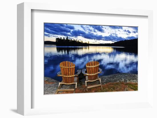 Wooden Chairs at Sunset on Lake Shore-elenathewise-Framed Photographic Print