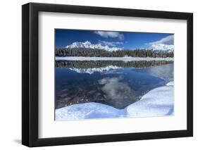 Wooden Chalet Surrounded by Snowy Peaks and Woods Reflected in Lake Palu, Valtellina, Italy-Roberto Moiola-Framed Photographic Print