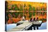 Wooden Dock with Chairs on Calm Fall Lake-elenathewise-Stretched Canvas