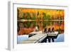 Wooden Dock with Chairs on Calm Fall Lake-elenathewise-Framed Photographic Print