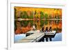 Wooden Dock with Chairs on Calm Fall Lake-elenathewise-Framed Photographic Print