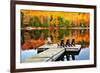 Wooden Dock with Chairs on Calm Fall Lake-elenathewise-Framed Photographic Print