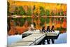 Wooden Dock with Chairs on Calm Fall Lake-elenathewise-Mounted Photographic Print