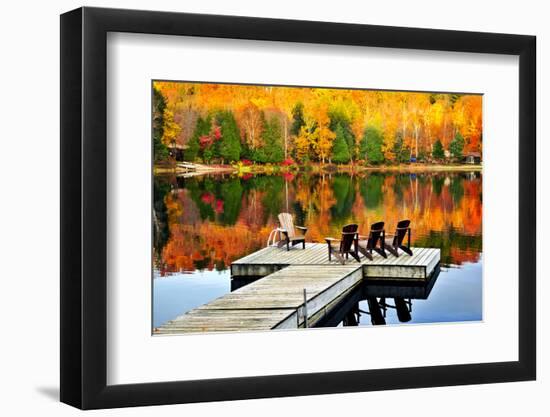 Wooden Dock with Chairs on Calm Fall Lake-elenathewise-Framed Photographic Print