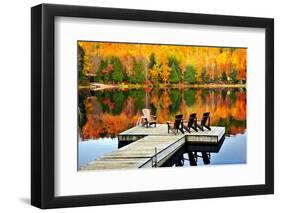 Wooden Dock with Chairs on Calm Fall Lake-elenathewise-Framed Photographic Print