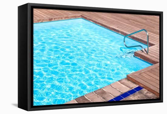 Wooden Floor beside the Blue Swimming Pool-vitalytitov-Framed Stretched Canvas