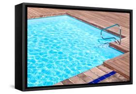 Wooden Floor beside the Blue Swimming Pool-vitalytitov-Framed Stretched Canvas