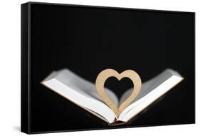 Wooden heart sculpture with a Bible, France, Europe-Godong-Framed Stretched Canvas