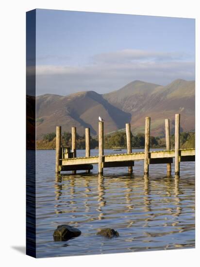 Wooden Jetty at Barrow Bay Landing on Derwent Water Looking North to Skiddaw in Autumn-Pearl Bucknall-Stretched Canvas