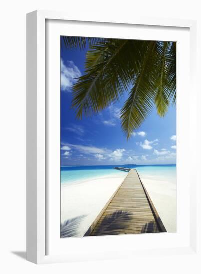 Wooden Jetty Out to Tropical Sea, Maldives, Indian Ocean, Asia-Sakis Papadopoulos-Framed Photographic Print