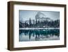 Wooden Lodge in Pine Forest with Heavy Snow Reflection on Lake O'hara at Yoho National Park-Mumemories-Framed Photographic Print