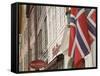 Wooden Merchants Premises and Norwegian Flag, Bryggen Old Harbour Side, Bergen, Norway, Scandinavia-James Emmerson-Framed Stretched Canvas