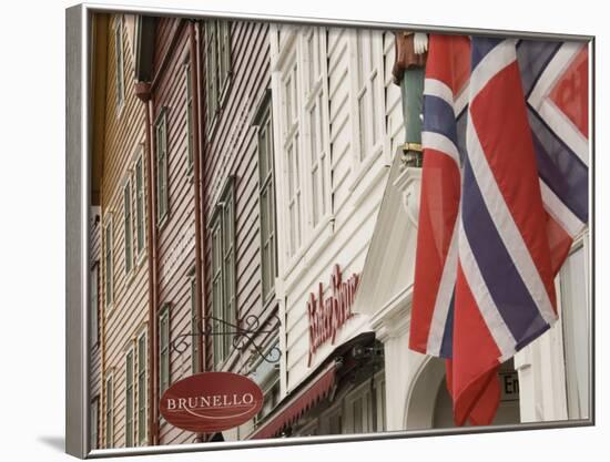 Wooden Merchants Premises and Norwegian Flag, Bryggen Old Harbour Side, Bergen, Norway, Scandinavia-James Emmerson-Framed Photographic Print