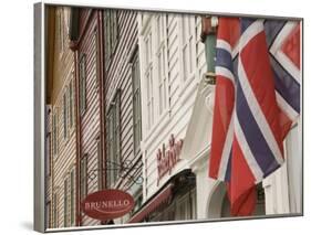 Wooden Merchants Premises and Norwegian Flag, Bryggen Old Harbour Side, Bergen, Norway, Scandinavia-James Emmerson-Framed Photographic Print