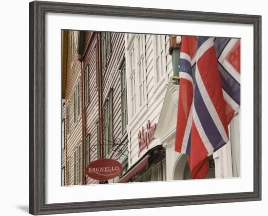 Wooden Merchants Premises and Norwegian Flag, Bryggen Old Harbour Side, Bergen, Norway, Scandinavia-James Emmerson-Framed Photographic Print