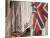 Wooden Merchants Premises and Norwegian Flag, Bryggen Old Harbour Side, Bergen, Norway, Scandinavia-James Emmerson-Mounted Photographic Print