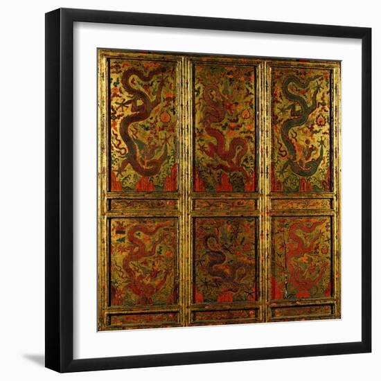 Wooden Panel Depicting Dragons-null-Framed Giclee Print