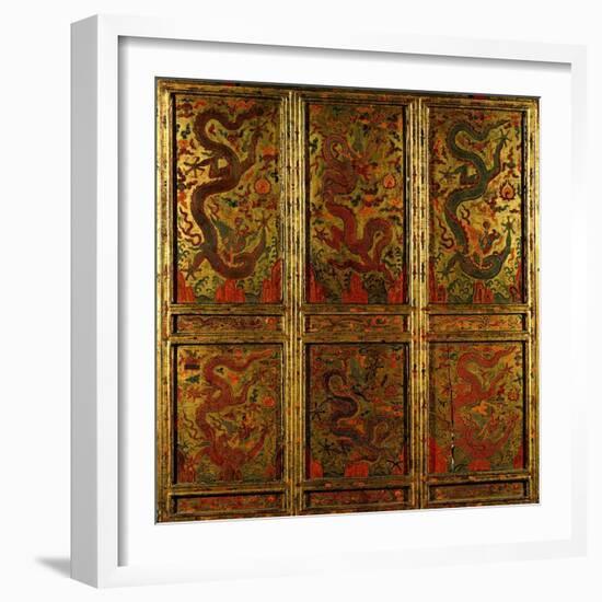 Wooden Panel Depicting Dragons-null-Framed Giclee Print