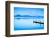 Wooden Pier or Jetty and on A Blue Lake Sunset and Sky Reflection on Water. Versilia Tuscany, Italy-stevanzz-Framed Photographic Print