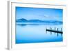 Wooden Pier or Jetty and on A Blue Lake Sunset and Sky Reflection on Water. Versilia Tuscany, Italy-stevanzz-Framed Photographic Print