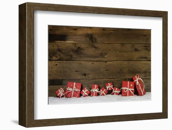 Wooden Rustic Background with Red Christmas Presents.-Imagesbavaria-Framed Photographic Print