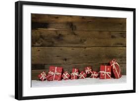 Wooden Rustic Background with Red Christmas Presents.-Imagesbavaria-Framed Photographic Print
