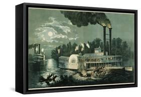 Wooding-up on the Mississippi-Currier & Ives-Framed Stretched Canvas